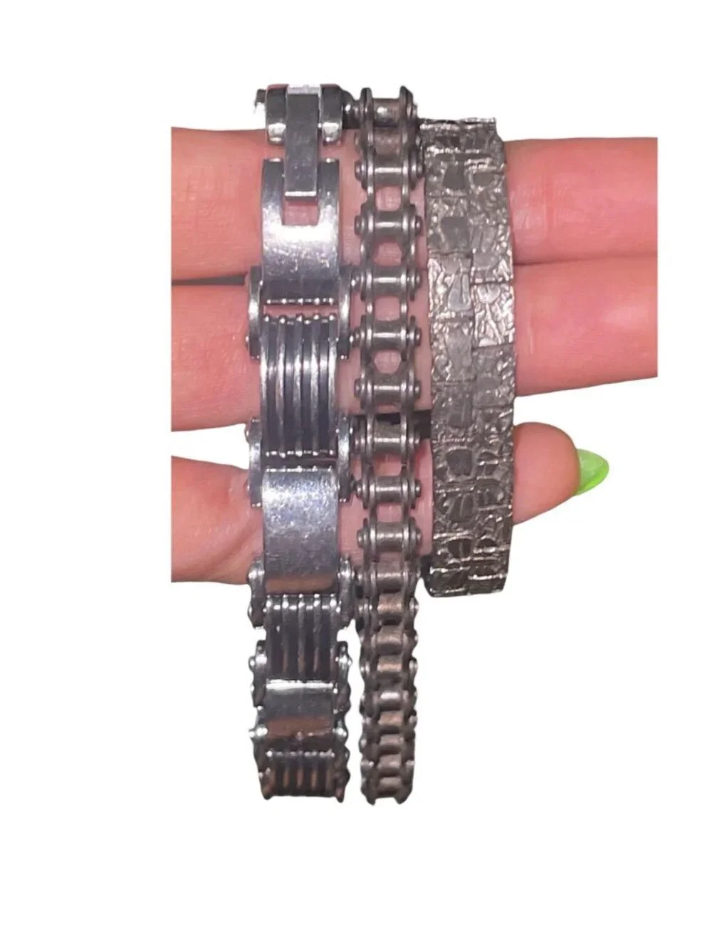 Lot of 3 Men's Industrial Metal Bracelets Motorcycle Chain Link Silver Tone